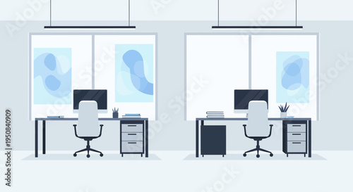 Modern office workspace with two desks, chairs, and computers