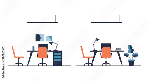 Modern Office Desks and Chairs with Computers and Lamps, Flat Design Illustration