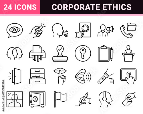 Ethical Transparency and Corporate Compliance Monoline Outline Symbols for Governance Reporting and Legal Accountability.
