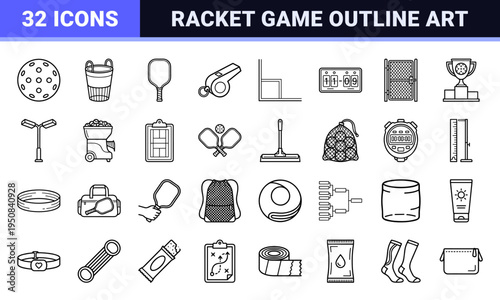 Pickleball Sport Outline Symbols featuring minimalist monoline paddles balls and court equipment for professional athletic graphic design.