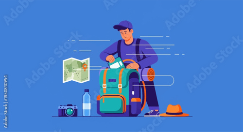 a man in a purple outfit packing a teal and orange backpack with travel essentials