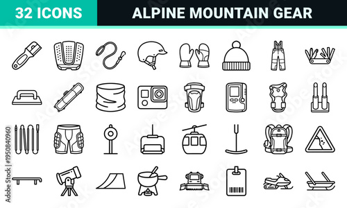 Snowboarding and Winter Sports Equipment Monoline Art for Mountain Resort Branding and Gear Guides featuring High Clarity Minimalist Graphics
