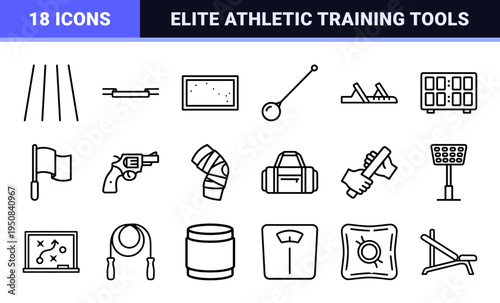 Athletics Relay Race and Teamwork Collaboration Symbols in Technical Monoline Style for Professional Sports Infrastructure Design
