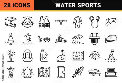 Personal Watercraft Recreation and Jet Ski Equipment Monoline Icons for Marine Safety Manuals and Coastal Tourism Branding.