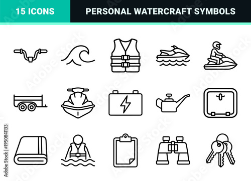 Jet ski and water sports monoline outline symbols featuring maritime safety, nautical navigation, and personal watercraft rental elements.