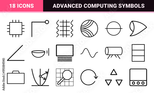 Futuristic Quantum Computing and Data Science Monoline Symbols featuring technical outline graphics for high-end research and technology interfaces.
