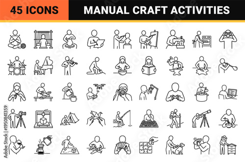 Humanoid Figures Engaging in Creative Hobbies and Manual Crafts Monoline Outline Symbols for Lifestyle and Educational Interface Design