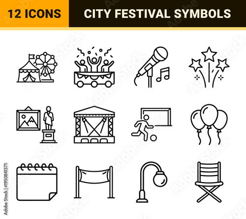 Minimalist Public Events and Festival Outline Symbols for City Cultural Planning and Tourism Wayfinding Monoline Design