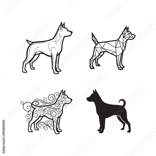 Four different dog illustrations in various styles