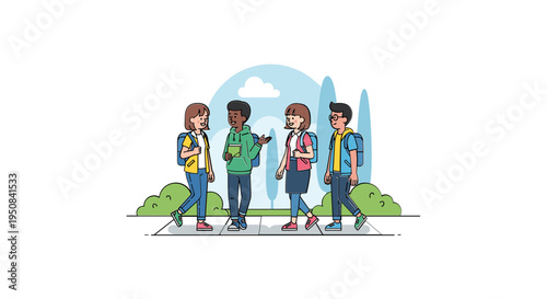 Group of Cartoon Hikers Walking Together.