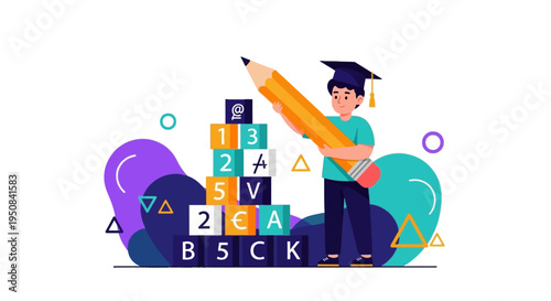 A cartoon graduate student in a cap and gown holding a giant pencil and book, surrounded by colorful math blocks and shapes, representing education and learning.