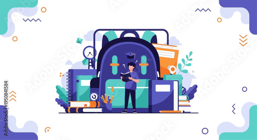 a cartoon student standing with a large backpack and books, surrounded by school supplies, representing education and learning