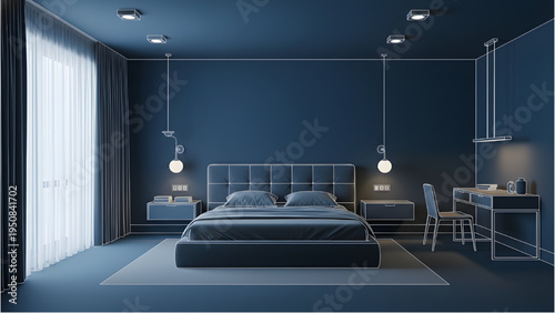 Modern Bedroom Decor & Ceiling Lighting Plans, AutoCAD Blueprint, 3D Style Interior Layout, Isolated on White Background
