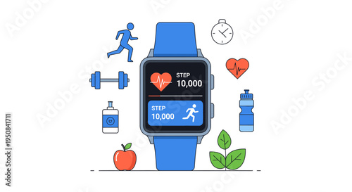 Flat lay illustration of a blue smartwatch surrounded by fitness icons and healthy living symbols on a white background with a clean and modern aesthetic.