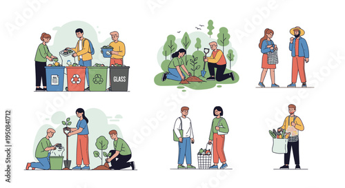 Illustrations of diverse people engaging in eco-friendly activities like recycling, planting trees, and reducing waste in a colorful and stylized flat lay composition with a green and blue