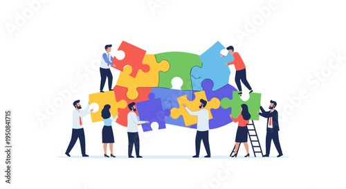 Group of diverse people assembling colorful puzzle pieces on a clean white background with a collaborative and problem-solving mood.