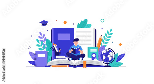 A flat illustration depicts a young student engrossed in reading a book, surrounded by educational symbols like a globe, graduation cap, and books. Ideal for concepts related to learning, knowledge, a