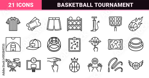 Professional Basketball League Equipment and Tournament Symbols. Monoline aesthetic for sports branding and athletic digital interfaces.