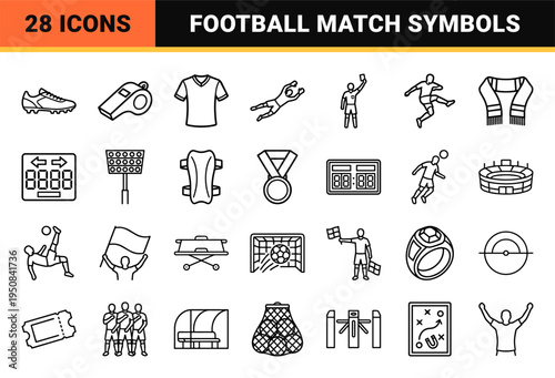 Professional Soccer and Football Monoline UI Kit Featuring Minimalist 1.25pt Line Symbols for Sports Apps, Match Analytics and Fan Media.