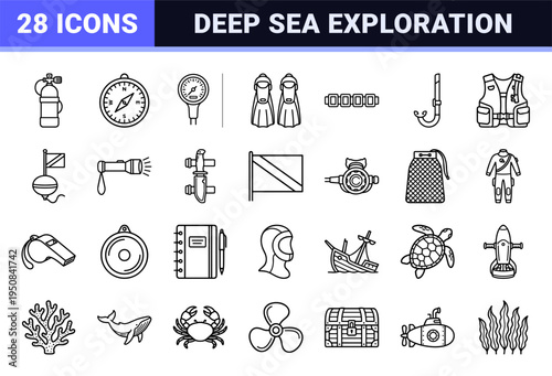 Underwater Exploration and Scuba Diving Technical Monoline Outline Symbols for Marine Sports and Oceanography Graphic Resources