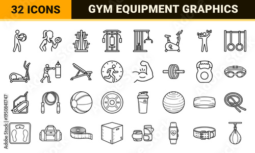 Gym and fitness center minimalist outline symbols for strength training equipment and cardio machines in a technical monoline aesthetic.
