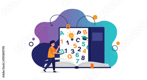 A stylized illustration of a student interacting with an open book displaying numbers, letters, and a lightbulb symbolizing knowledge and ideas. This visual is perfect for educational marketing, back-