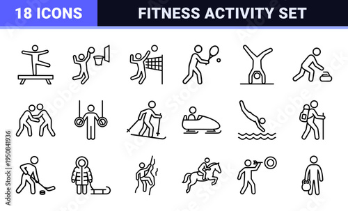 Athletic Activity and Professional Sports Monoline Outline Icon Set for Minimalist User Interface Design and Fitness Application Navigation