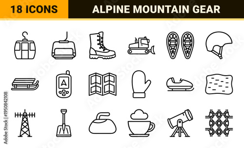 Winter Sports and Alpine Recreation Linear Symbols for Mountain Resort Wayfinding and Equipment Rental Interface Design