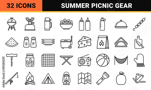 Minimalist Monoline Picnic and Outdoor Dining Equipment Icons for Summer Recreation and Camping Gear Interface Design.