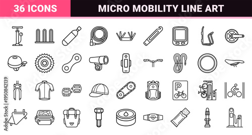 Urban Cycling and Micro-Mobility Monoline Icons Featuring Technical Outlines for Sustainable Transportation and Bicycle Infrastructure Systems