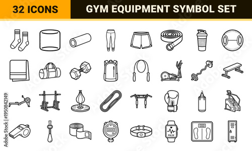Athleisure Fitness Apparel and Gym Equipment Monoline Symbols for Digital Health Tracking and Wellness Interface Design.