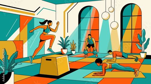 Diverse group of people engaged in various fitness activities in a bright, modern gym setting