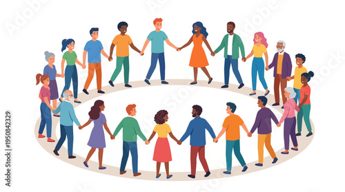 Diverse group of people holding hands in a circle together outdoors