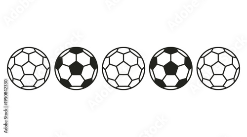 Row of classic black and white soccer balls on a clean background, perfect for sports design projects and athletic themes