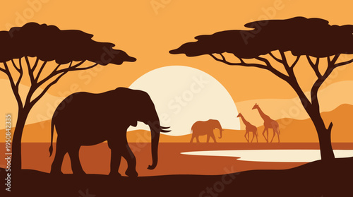 African Savannah Sunset with Elephants and Giraffes Silhouette Landscape Illustration