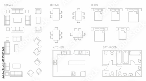 Floor plan of a modern home showing furniture, kitchen, dining, bedrooms, and bathrooms