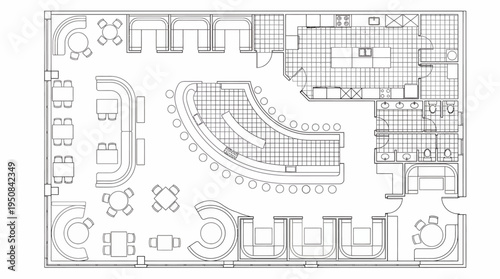 Detailed architectural blueprint of a modern restaurant and bar layout showcasing interior design and efficient space planning concept