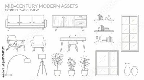 Stylish vector outline assets of home furniture and decor elements, reflecting a sleek retro interior design aesthetic