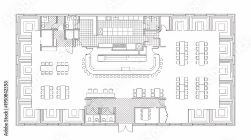 Comprehensive architectural drawing illustrating a contemporary commercial dining and bar establishment floor plan layout