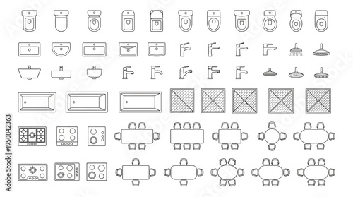 Comprehensive collection of architectural floor plan symbols for bathroom and kitchen layouts