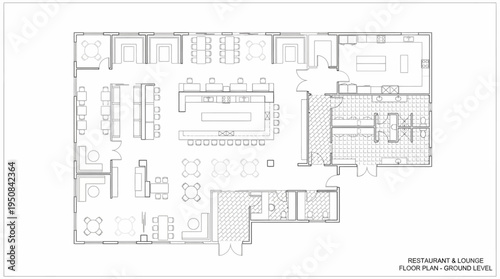 Floor plan of a restaurant and lounge with seating arrangements and bar layout