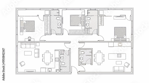 Detailed architectural blueprint showcasing a modern residential floor plan design concept for a multi-unit dwelling, ideal for diverse housing projects