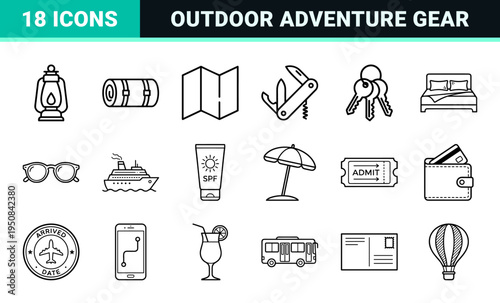 Global Travel and Outdoor Adventure Minimalist Monoline Outlines for Professional Tourism Interface Design and Wayfinding Systems.