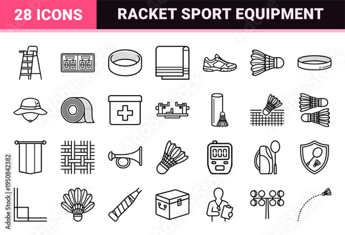 Professional badminton equipment linear icons featuring rackets shuttlecocks and court layouts in a minimalist monoline technical aesthetic.