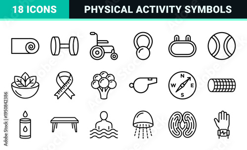 Minimalist Fitness and Wellness Line Art Symbols for Digital Health Tracking and Gym Management Interfaces