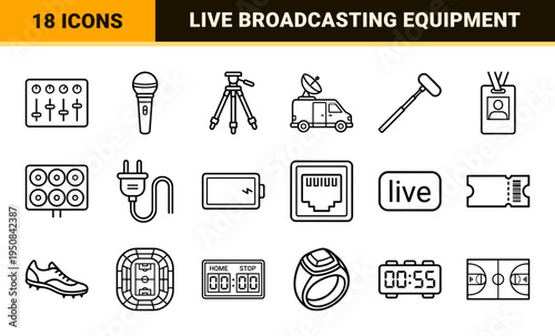 Sports Broadcasting and Media Production Technical Monoline Outline Symbols for Live Streaming Journalism and Athletic Event Coverage Applications.