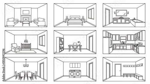 Collection of Detailed Line Art Drawings Illustrating Various Interior Rooms and Living Spaces in a Modern House