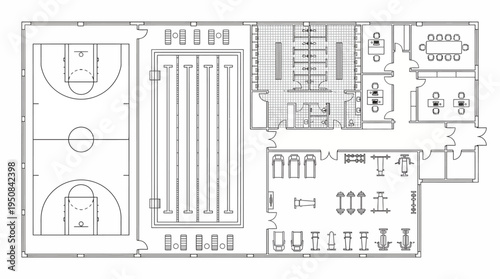 Architectural blueprint of a modern sports complex with gym and swimming pool facilities