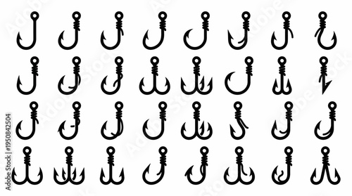 Comprehensive Vector Collection of Essential Fishing Hooks for Angling and Recreational Sport Activities