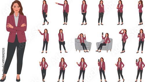 Set of businesswoman character in different poses cartoon vector illustration on white background